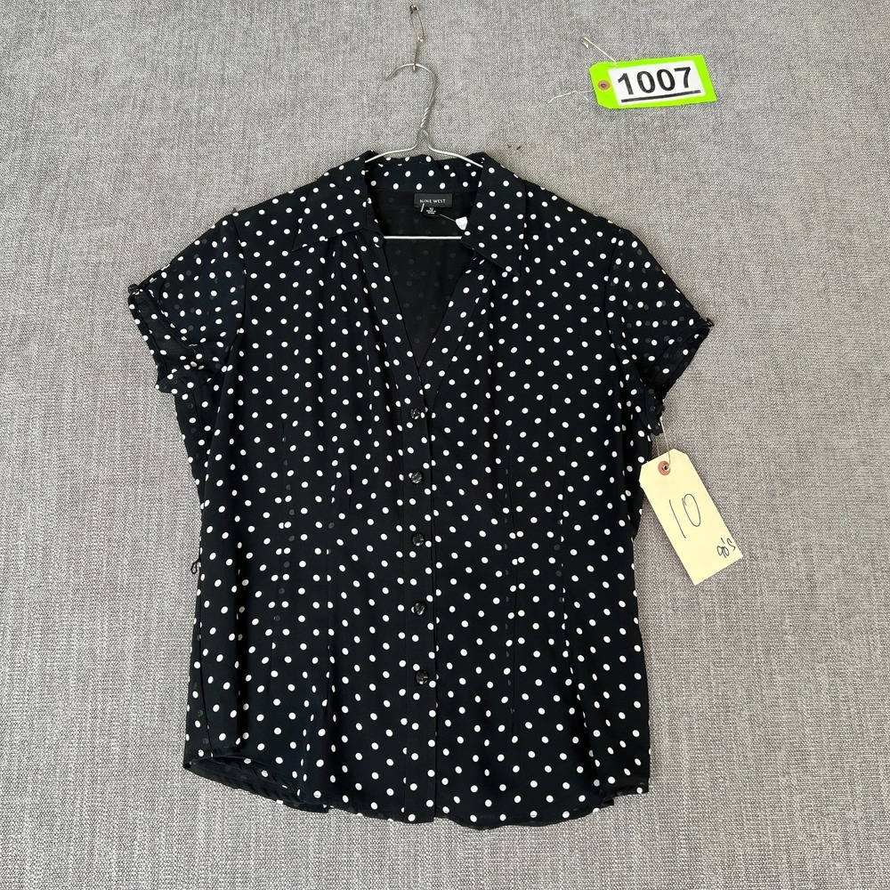 Nine West Blouse Top Womens 10 Black White Polka Dot Chiffon Boho Button Front